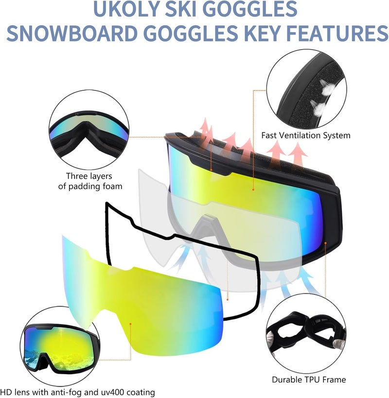 Ukoly Ski/Snowboard Goggles for Men Women, Snow Goggles HD Lens Anti-Fog Coating OTG Design UV400 Protection Windproof - Image 4